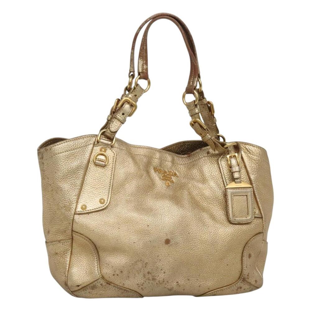 PRADA Tote Bag Leather Gold Tone